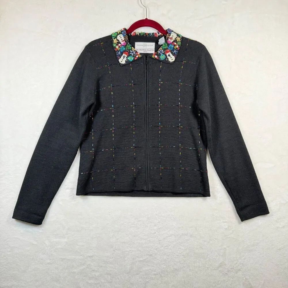 Marisa Christina Christmas 2003 Beaded Zip Cardigan Sweater Small Vintage